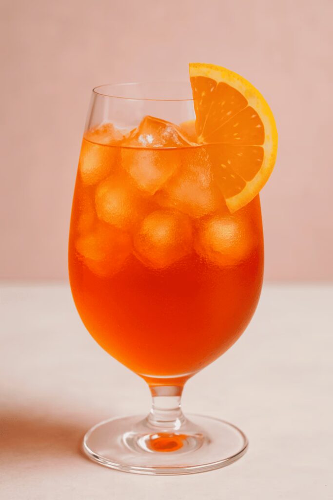 Erfrischender Aperol Spritz mit Eiswürfeln und Orangenscheibe – beliebter Sommerdrink mit Alkohol