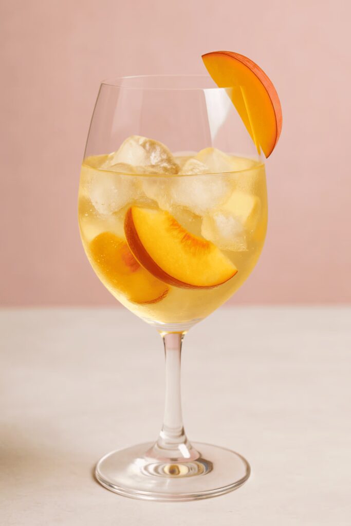Weißweinschorle mit frischen Pfirsichspalten und Eis im Weinglas
