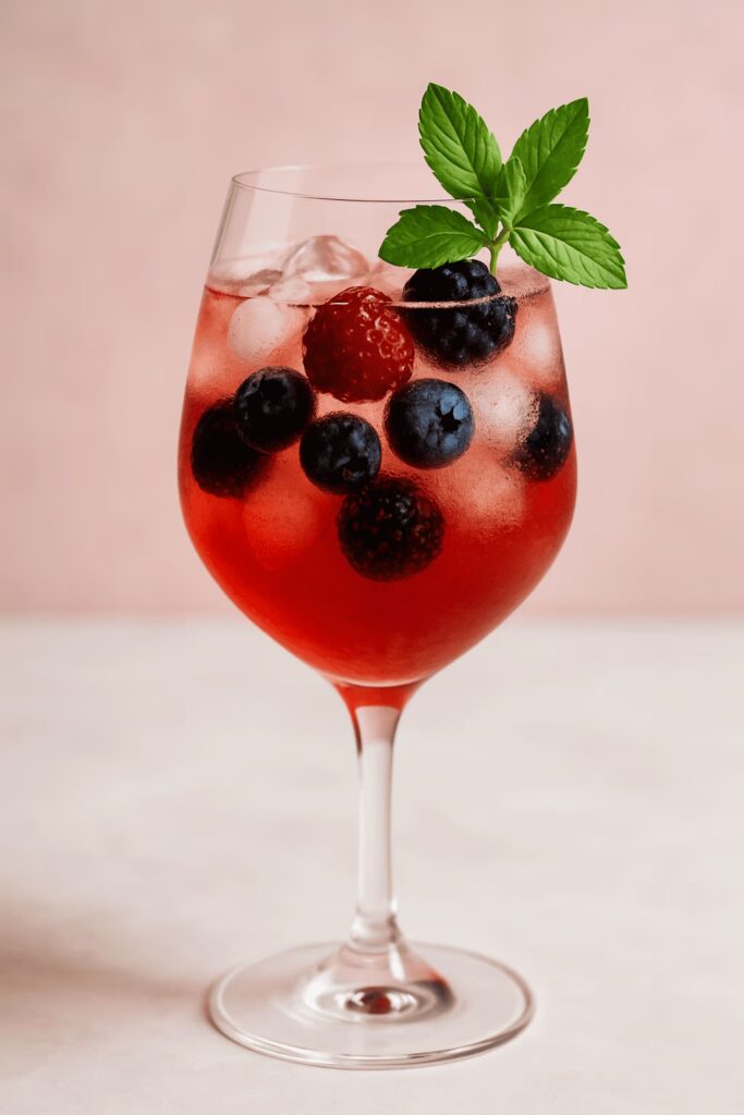 Lillet Wild Berry mit Beeren, Minze und Eiswürfeln im Weinglas