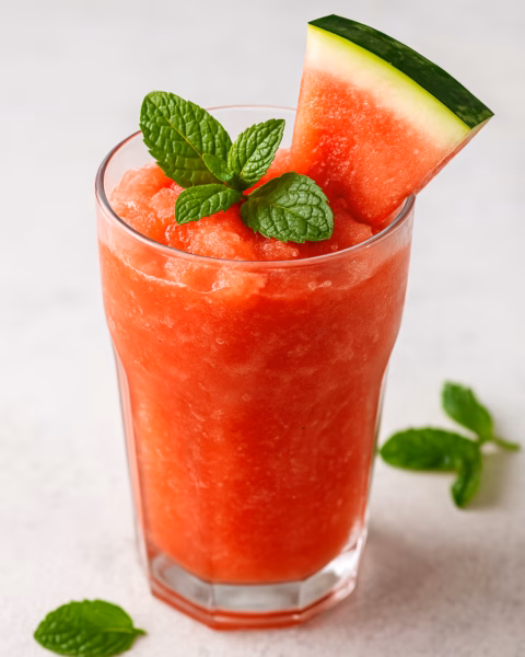 Wassermelonen-Slush Sommergetränk Fruchtiger Slush aus Wassermelone mit Minze